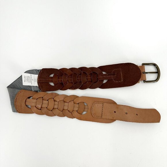Boho Brown Leather Woven Elastic Panel Small Adjustable Belt - Picture 2 of 5